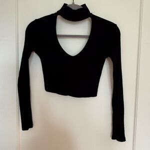 Bershka Black Long-Sleeve Cutout Crop Top with Mock Neck